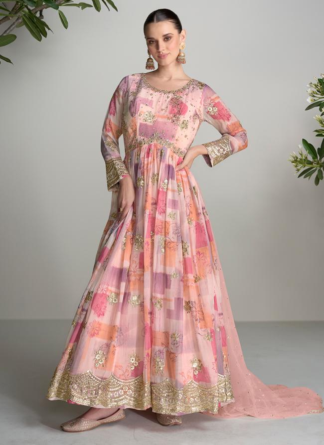 Real Chinnon Pink Wedding Wear Printed Readymade Gown With Dupatta